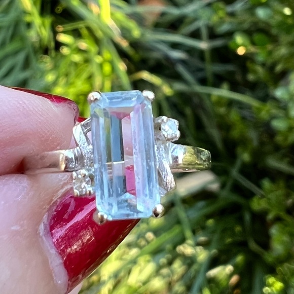VINTAGE 14K WHITE GOLD PASTEL EMERALD CUT AQUAMARINE DIAMOND RING ENGAGEMENT